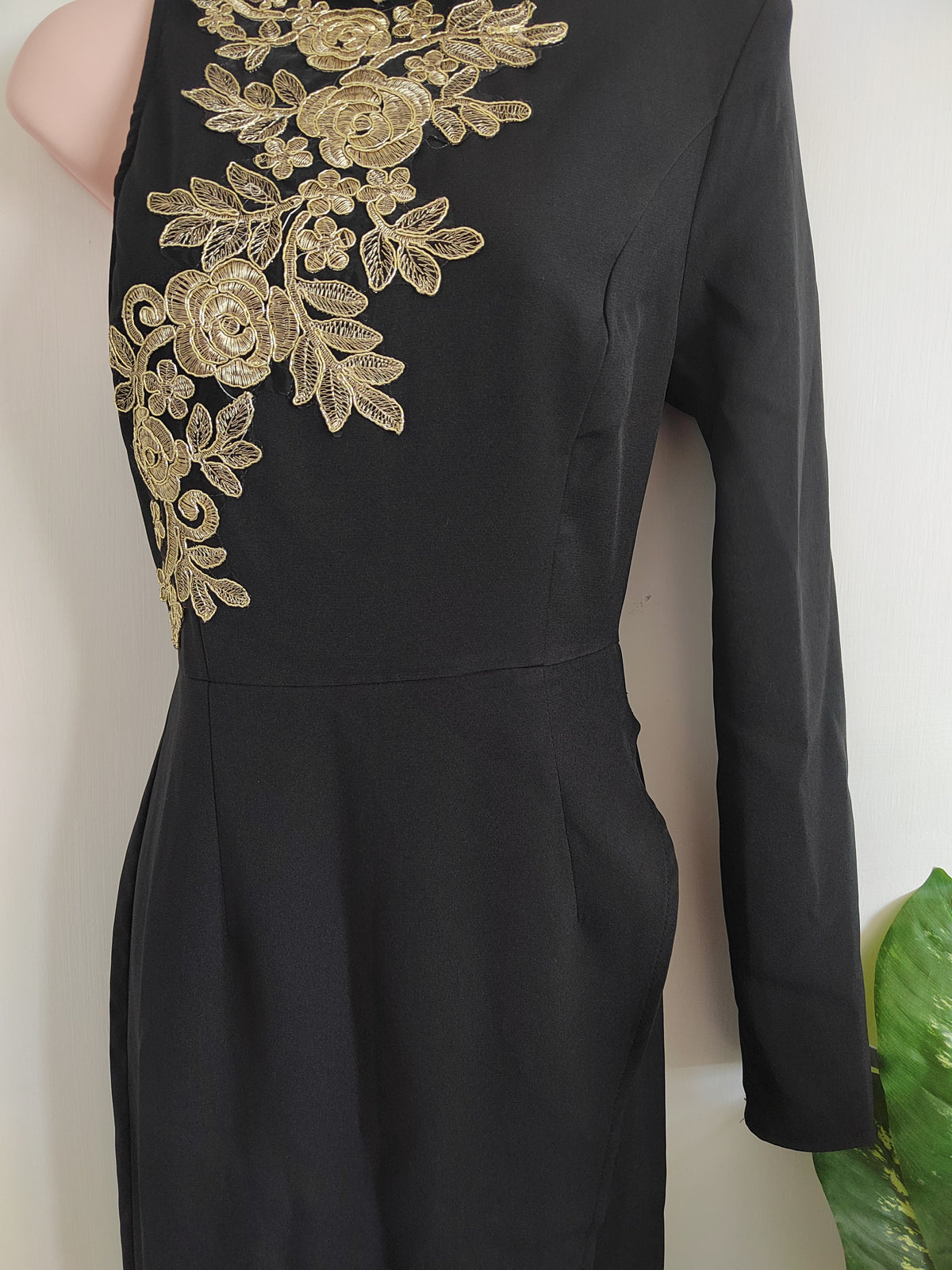 PrettyLittleThing Black High Neck Asymmetric Embroidered Trim Maxi Dress - Size 8