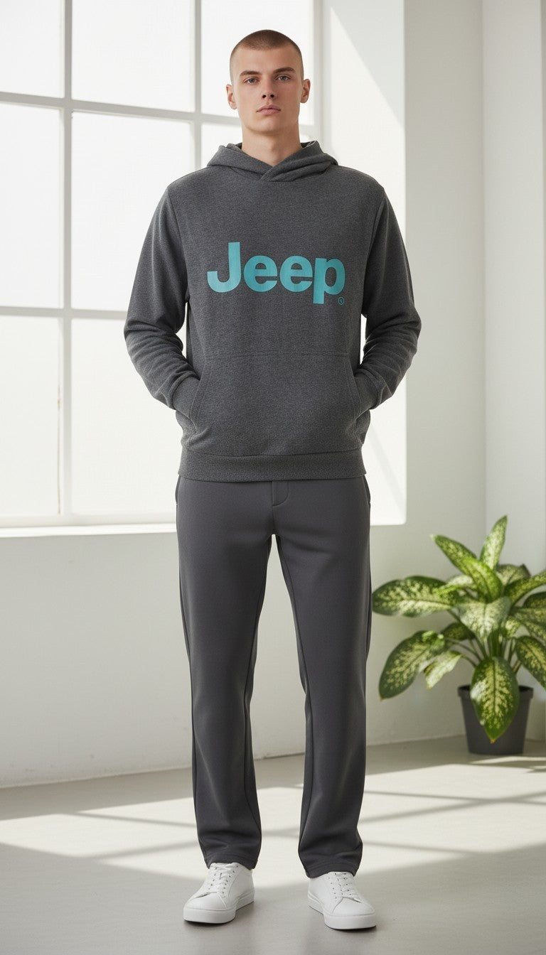 Jeep Men’s Graphic Pullover Hoodie – Charcoal Grey & Teal Logo - 60% Cotton - Size Small