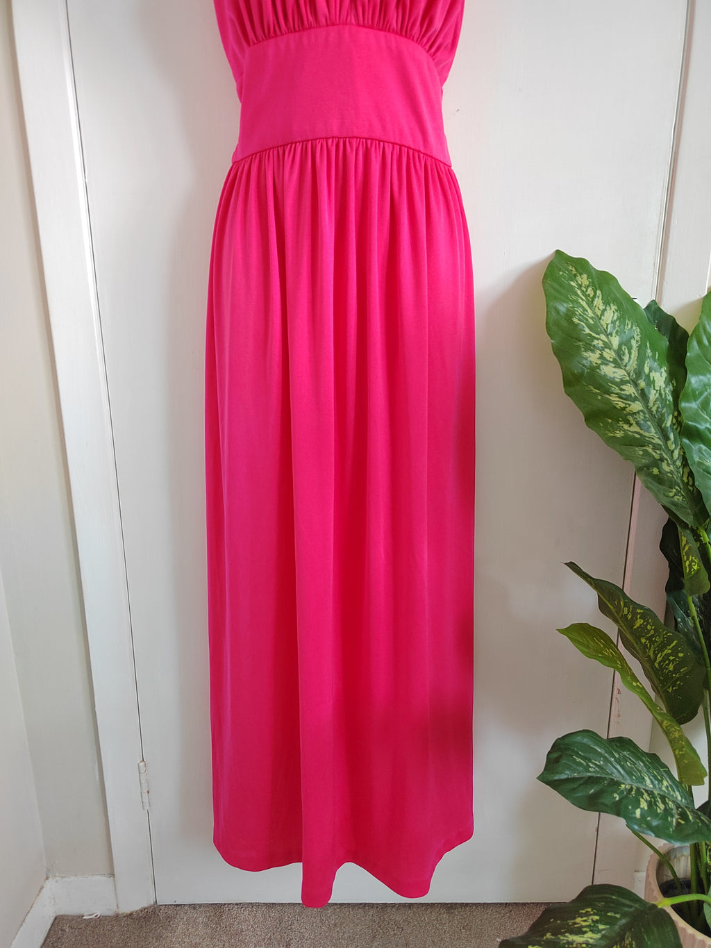 Vintage 1970s Trina Lewis & Marjon Couture Hot Pink Halter Maxi Dress - Size 10