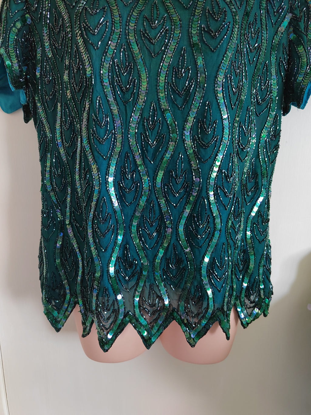Vintage 80s/90s Emerald Beaded Cocktail Blouse - Size 14