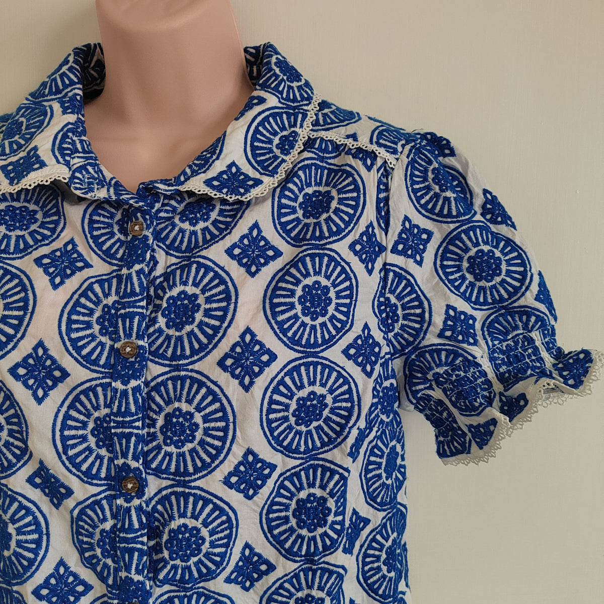 Brakeburn Marine Blue Embroidered Cotton Blouse - Size 12