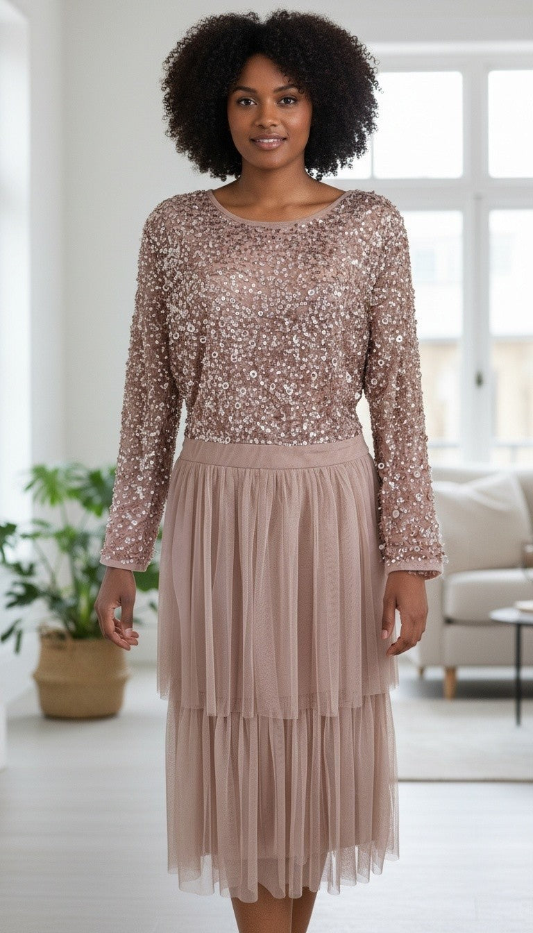 Maya Deluxe Sequin & Tulle Tiered Midi Dress – Size 22