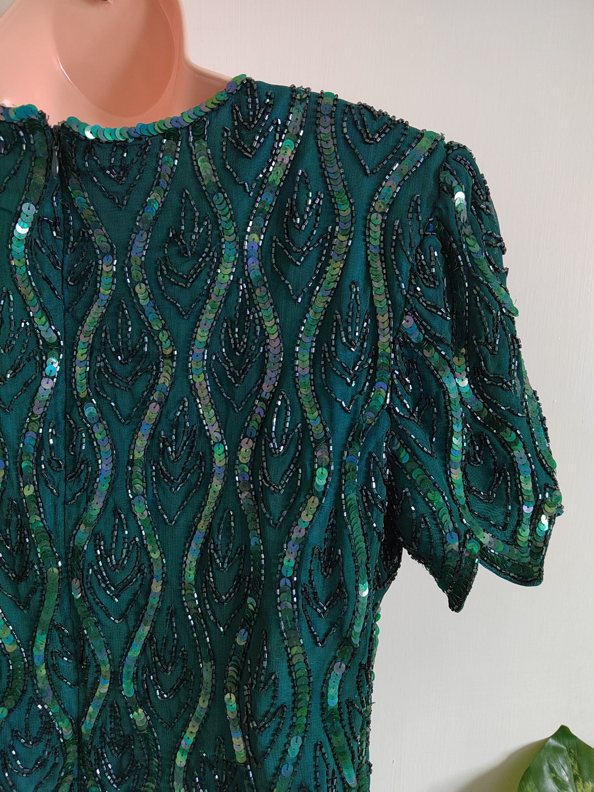 Vintage 80s/90s Emerald Beaded Cocktail Blouse - Size 14
