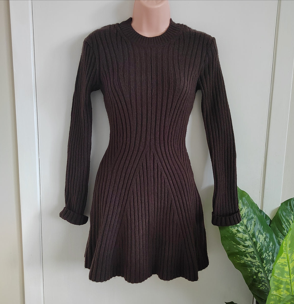 H&M Rib-knit Brown Long-Sleeve Fit & Flare Mini Dress - XS NWT