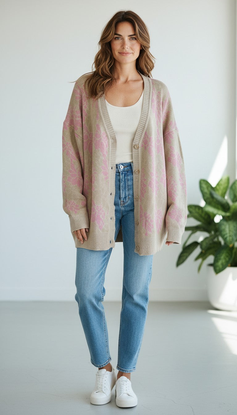 BALOU Oversized Floral Knit Cardigan – 95% Cotton - Size 16 NWT RRP £70