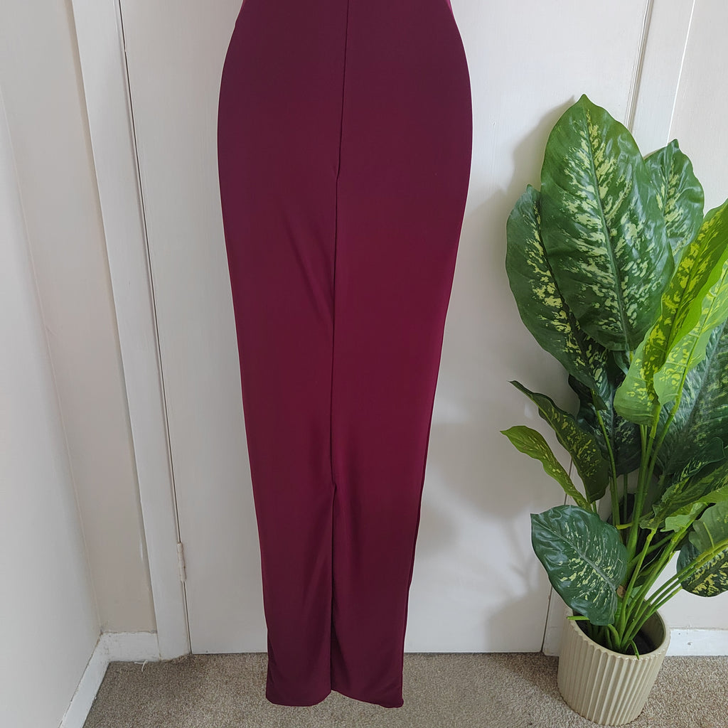 Club L London "Nobu" Bandeau Maxi Dress with Halter Collar - Burgundy - Size 6