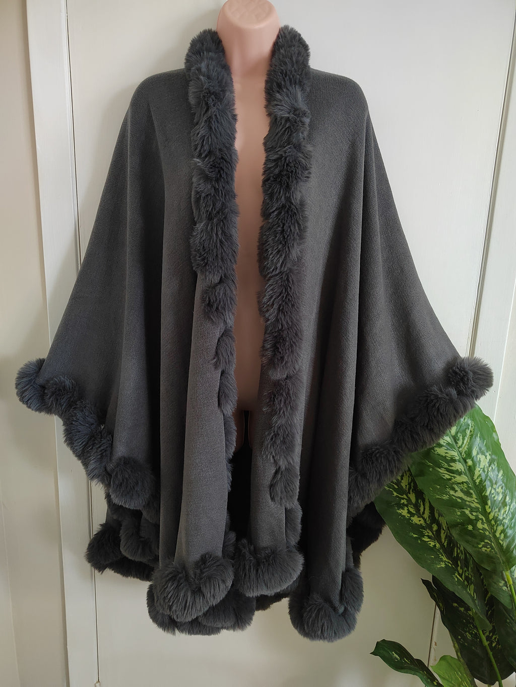 Grey Faux Fur Trim Hoodless Cape Poncho - One Size