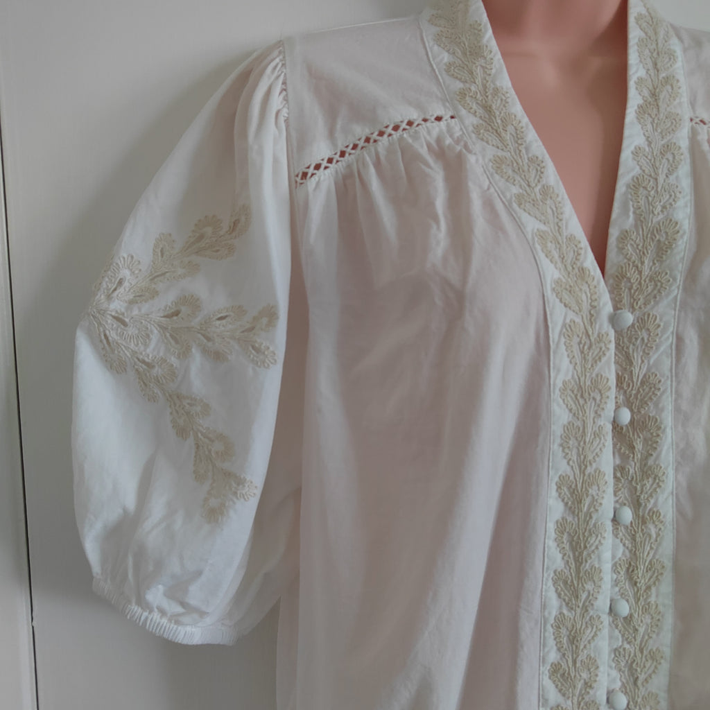 Mint Velvet Ivory Embroidered Balloon Sleeve Boho Blouse – Size Medium