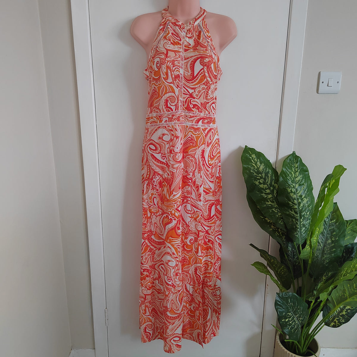 Sosandar Orange Paisley Print Halter Neck Maxi Dress - Size 12 RRP £79