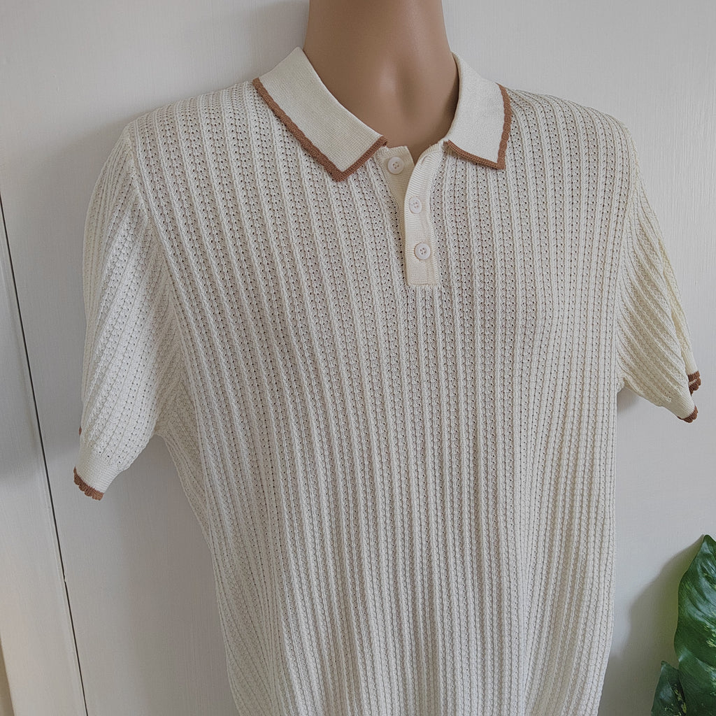 BoohooMAN Men's Retro Textured Knit Polo Shirt – Cream & Brown - Size Large NWT