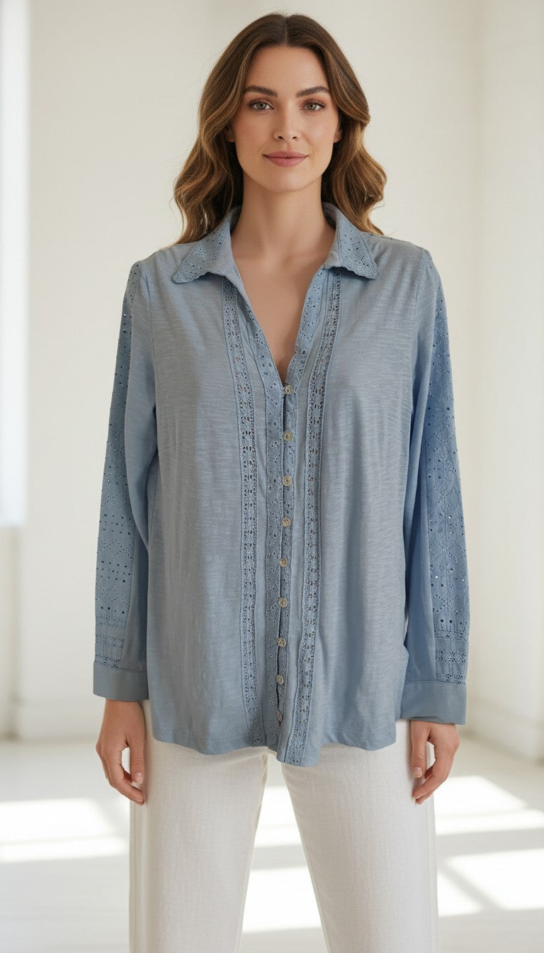 Mistral Light Blue Slub Knit Eyelet Lace Blouse 100% cotton – Size 10