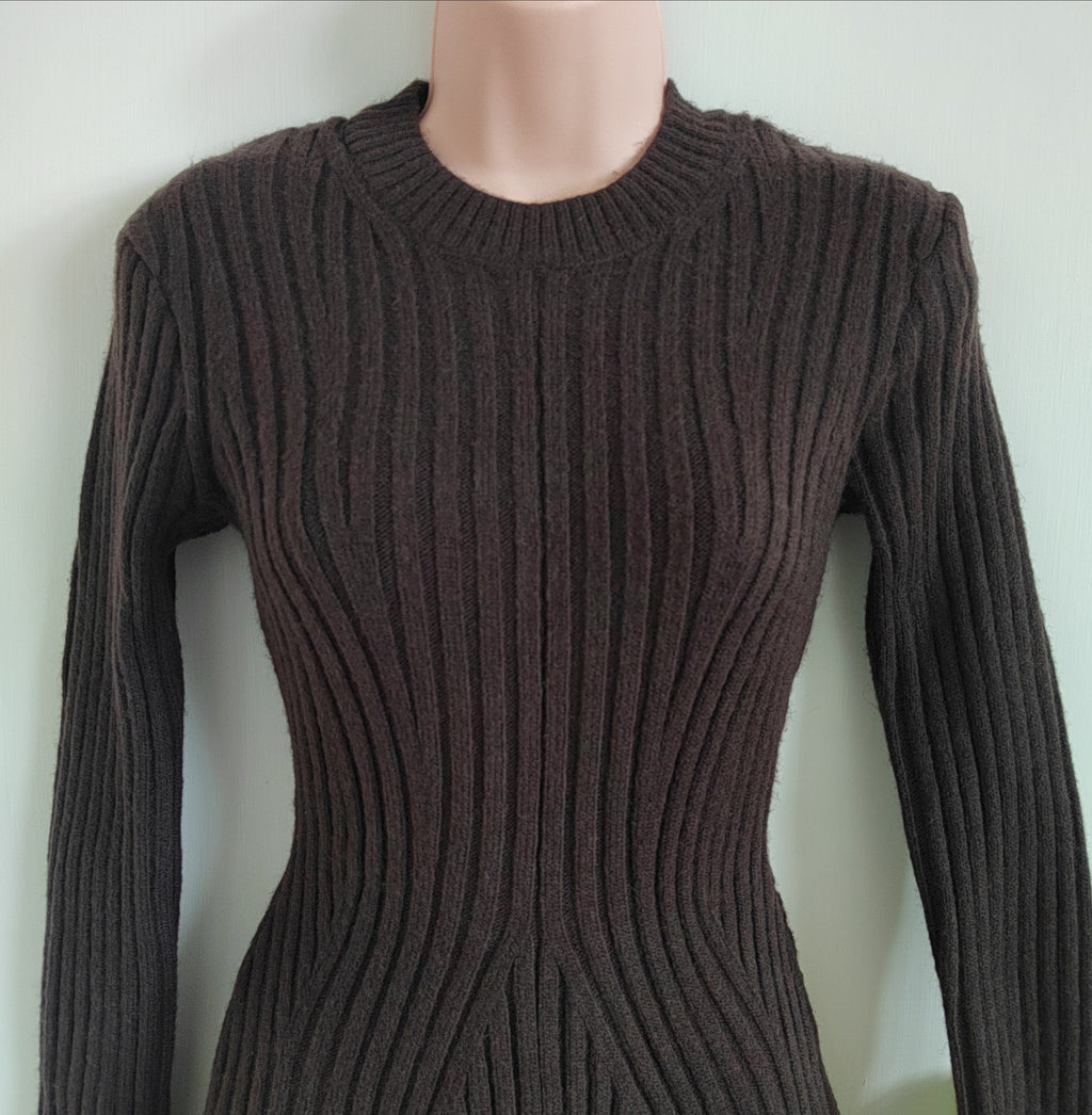 H&M Rib-knit Brown Long-Sleeve Fit & Flare Mini Dress - XS NWT