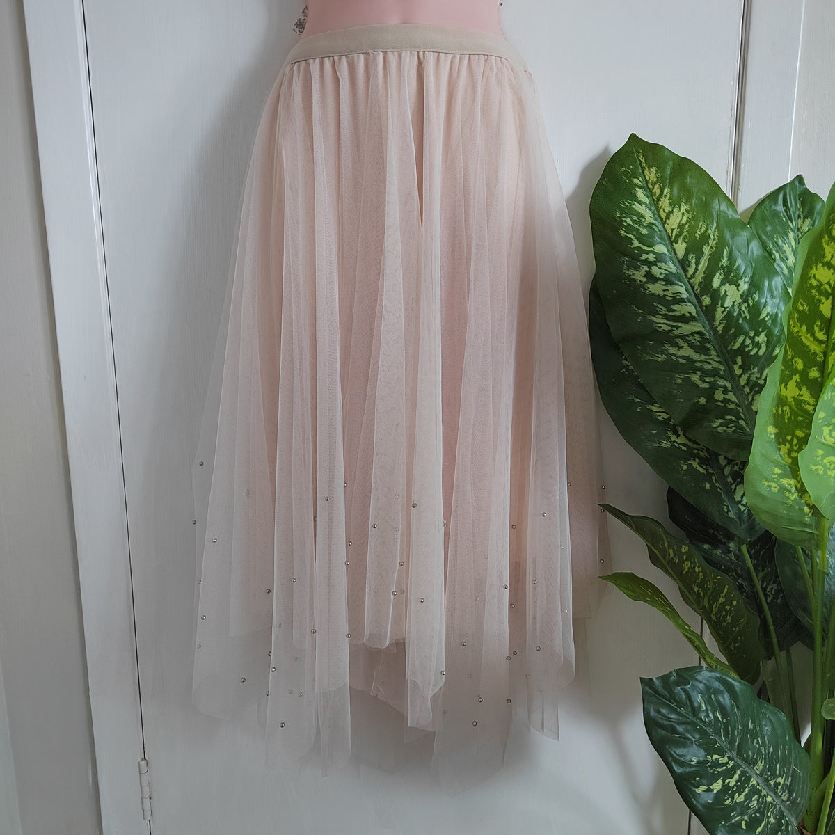 Apricot Pearl Embellished Tulle Midi Skirt – Size 14