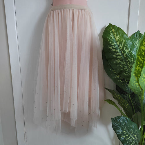 Apricot Pearl Embellished Tulle Midi Skirt – Size 14
