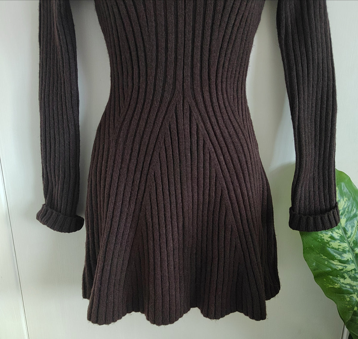 H&M Rib-knit Brown Long-Sleeve Fit & Flare Mini Dress - XS NWT