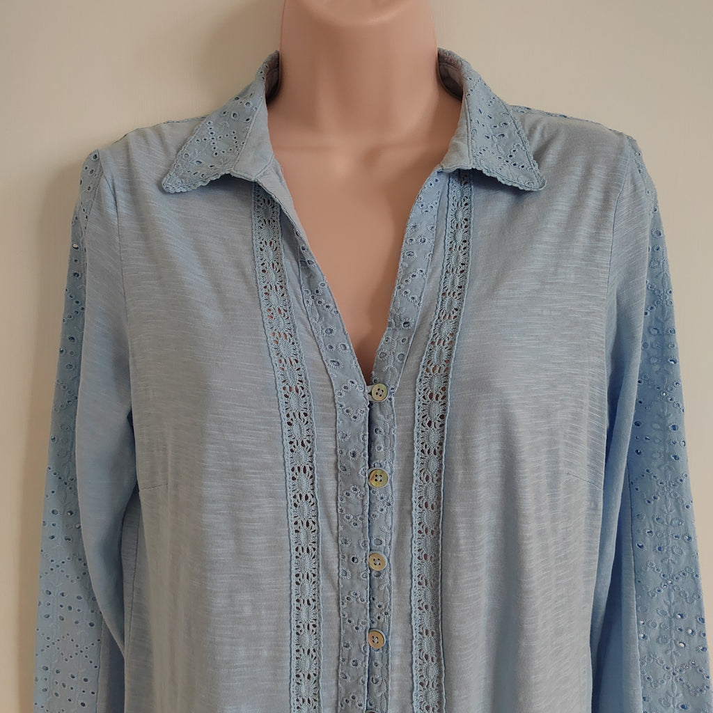 Mistral Light Blue Slub Knit Eyelet Lace Blouse 100% cotton – Size 10