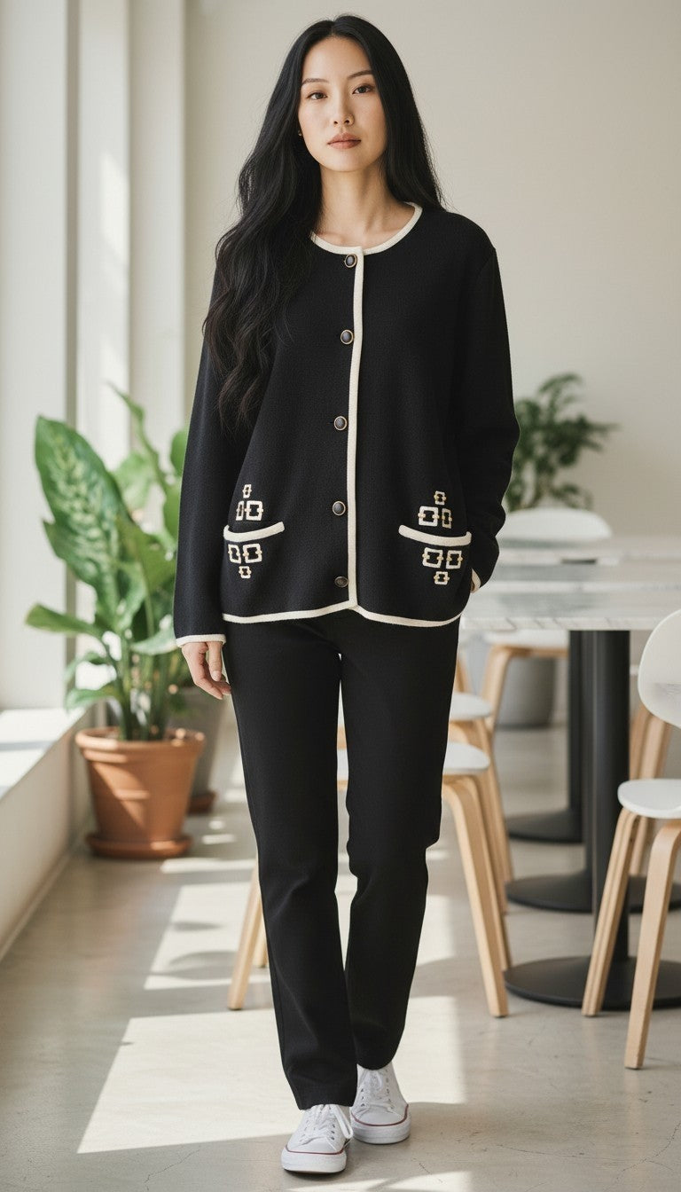 Vintage Tricoville Contrast Trim Knit Cardigan Jacket – Black & Cream - Size 14