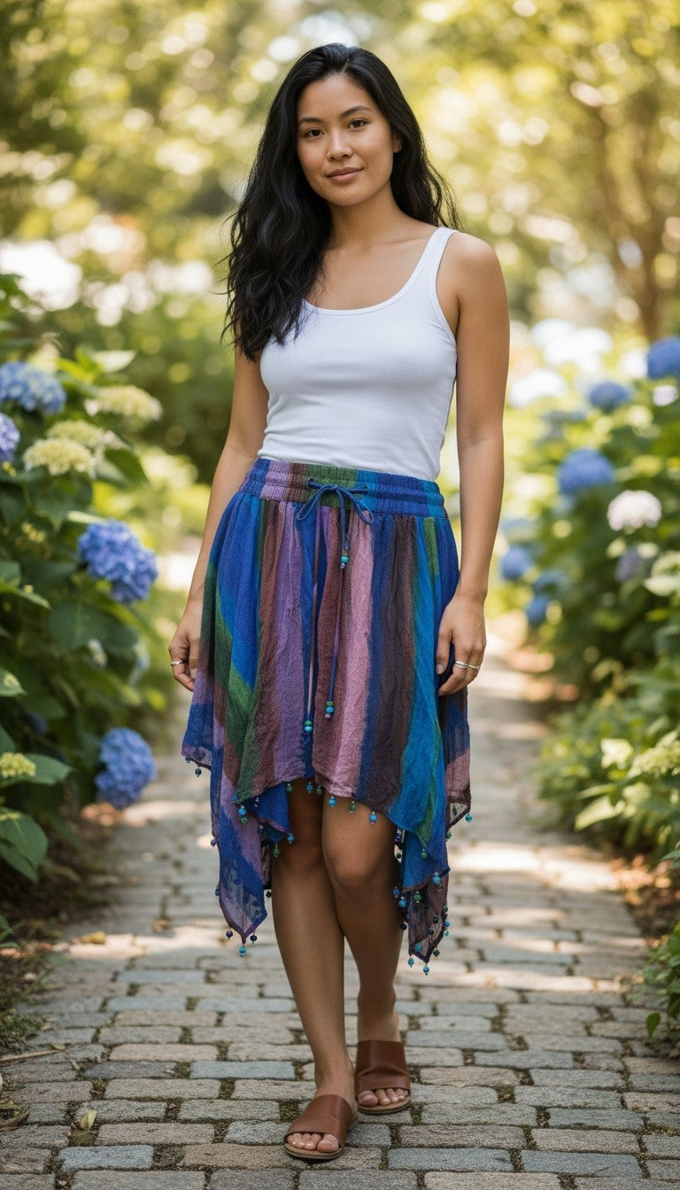 Zara Peacock Blue Striped Handkerchief Hem Beaded Mini Skirt – Size Small