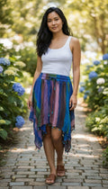 Zara Peacock Blue Striped Handkerchief Hem Beaded Mini Skirt – Size Small